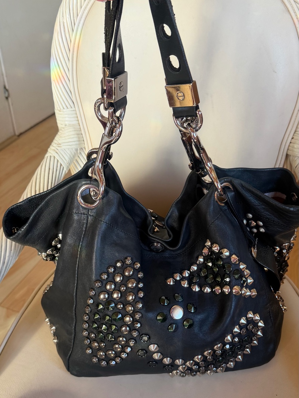 JIMMY CHOO Black Lambskin Studded Lohla Jane Two Way Tote. MINT! RT $ 2295. - Picture 2 of 16
